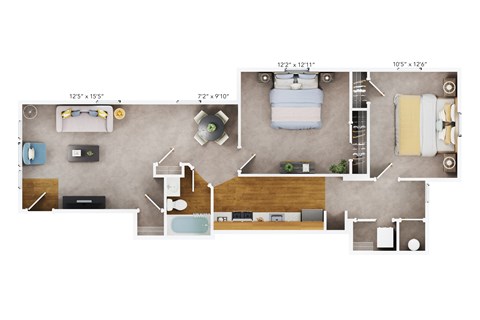Floor plan for 2 beds, 1 bath, 801 sqft